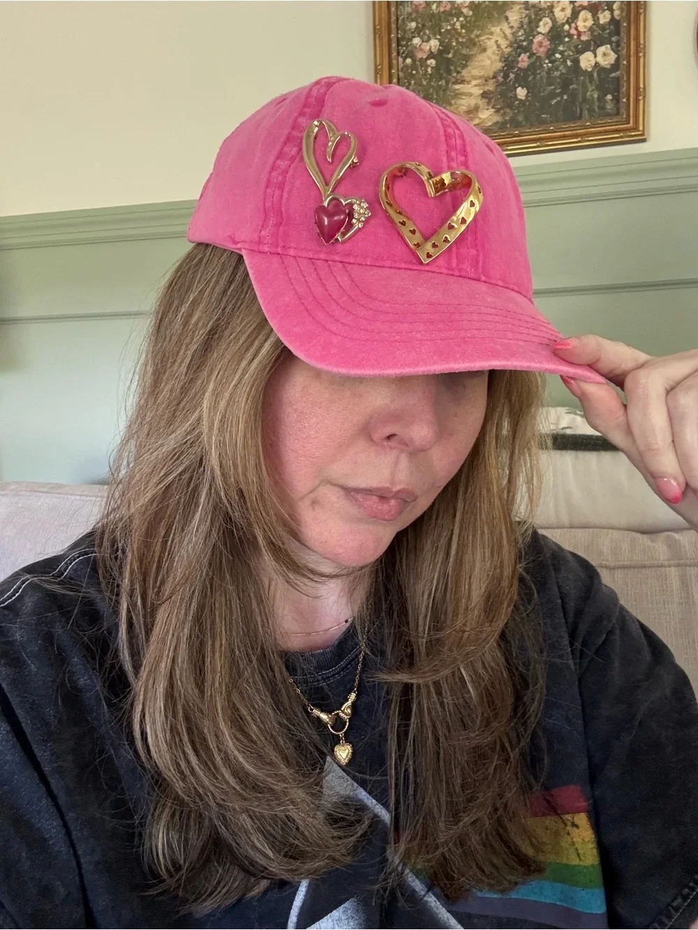 Pink Heart Pin Embellished Baseball Cap